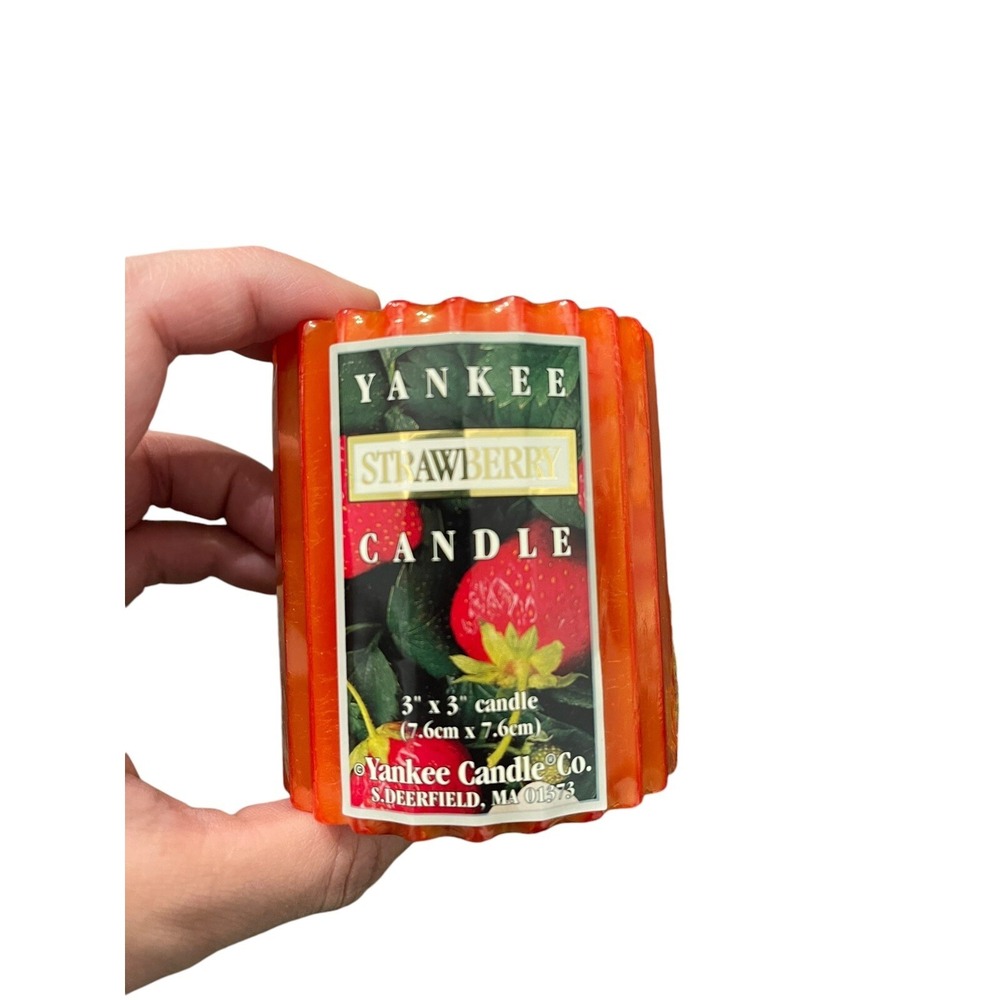 Yankee Candle Strawberry Scented Pillar Candle 3x3 Ribbed Vintage Red Orange